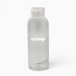 A drink bottle made of clear borosilicate glass with a screw-on lid and a logo.