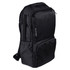 A black backpack with multiple compartments and a logo, designed for carrying laptops and accessories.