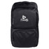 A black laptop backpack featuring a front pocket and a logo. It has padded shoulder straps for comfort.