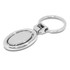 A shiny silver spinning metal key ring with an oval design and a keychain attachment. It features a logo.