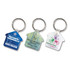 Three house-shaped key rings in blue, green, and white, each features a logo and colourful designs.