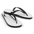 A pair of black and white flip flops, featuring a thong design and a simple, minimalist style.