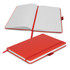 A red notebook with lined pages, featuring an elastic band closure and a bookmark ribbon. Includes a branding logo.