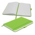 A green notebook with lined pages, featuring a flexible cover and a ribbon bookmark. It also has an elastic closure.