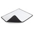 A deluxe mouse mat featuring a black border and a smooth, white surface. It has a logo in one corner.