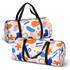 A full-colour duffle bag featuring a vibrant abstract design with orange, blue, and pink shapes. It has dual black handles.
