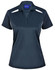 A navy blue ladies' polo shirt with contrasting white accents and a three-button placket. Features a logo.