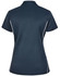 A navy blue ladies' polo shirt features short sleeves and white contrast piping on the sides. It has a logo on the chest.