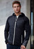 A black puffer jacket with a hood, featuring zippered pockets and a white zipper detail, displayed on a model.