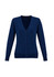 A navy blue women's cardigan featuring a V-neck and buttons down the front, with long sleeves and ribbed cuffs.