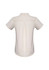 A short sleeve button-up shirt in a cream colour with a back pleat and a logo.