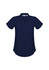 A navy blue women's button-up shirt with short sleeves and a v-neck design. It features a logo.