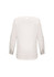 A white women's boatneck top with three-quarter sleeves and button details on the sleeves. It features a back closure and has a logo.