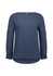 A navy blue boatneck top with long sleeves and a curved hem, featuring a subtle logo on the garment.