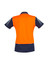 A short sleeve polo shirt featuring a high visibility orange back and navy blue sides, with a logo on the front.