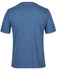 A plain blue T-shirt with a crew neckline and short sleeves, featuring a logo on the back.