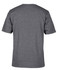 A grey T-shirt with short sleeves, featuring a plain back and a logo on the fabric.