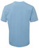 A light blue T-shirt with short sleeves and a plain back. The shirt features a logo.