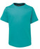 A turquoise kids' t-shirt with short sleeves, featuring a logo on the collar area.