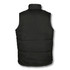 A black unisex vest with a padded design, featuring a high collar and no sleeves. It has a branded logo.
