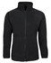 A black polar fleece jacket featuring a zip front and side pockets, with elastic cuffs and a collar.