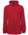 A red polar fleece jacket with a zip closure and two front pockets, featuring a branding logo.