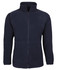 A navy polar fleece jacket featuring a zip front and pockets, with elastic cuffs and a stand-up collar.