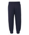 Navy track pants with an elastic waistband and cuffs, featuring a logo on the front.
