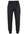 A pair of black track pants with an elasticated waistband and cuffs, featuring a drawstring and side pockets.