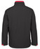 A black soft shell jacket with red accents and a collar. The back view showcases a simple design and a logo detail.