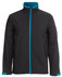 A soft shell jacket in black with blue accents and a full zip front. It features side pockets and a collar.