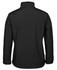 A black soft shell jacket with a high collar, featuring a branding logo on the back.