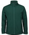 A dark green soft shell jacket with a full zip and side pockets, featuring a logo on the chest.
