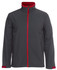 A soft shell jacket featuring a grey outer with a red zip and inner lining. It has a logo on one side.