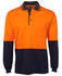 A long-sleeved cotton polo shirt featuring orange and navy panels, with a collar and a chest pocket, plus branding.