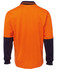 An orange long-sleeve cotton polo shirt featuring navy sleeves and a collar, with a logo present.
