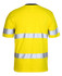 A bright yellow work t-shirt featuring silver reflective stripes, suitable for high visibility. It has a logo on it.