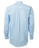 A light blue button-up shirt with long sleeves and a back pleat. The shirt features a logo.
