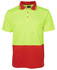 A high-visibility work polo shirt featuring a bright yellow top and red bottom, with a chest pocket and logo.