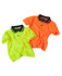 Two polo shirts in high visibility colours: one fluorescent yellow and one fluorescent orange, both with navy collars and branding.