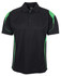 A black polo shirt featuring green accents and a logo. It has a classic collar and three-button front.