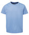 A light blue t-shirt with short sleeves, featuring a logo on the front.