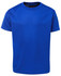 A blue T-shirt with a simple crew neck design and a logo on the label.