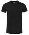 A black fitted t-shirt with short sleeves and a crew neckline, featuring a logo on the label.