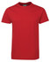 A red fitted t-shirt featuring a round neck and short sleeves, with a logo on the tag.