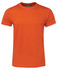 An orange fitted t-shirt with a crew neck and short sleeves. It features a logo on the label.