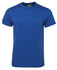 A blue fitted t-shirt featuring a logo on the neckline.