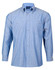 A long sleeve button-up shirt in light blue chambray, featuring two chest pockets and a logo on the collar.