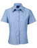 A short-sleeve ladies' button-up shirt in light blue chambray with a collar and shiny buttons.
