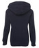 A navy blue hoodie featuring a hood and long sleeves, with a simple design and a branding logo.